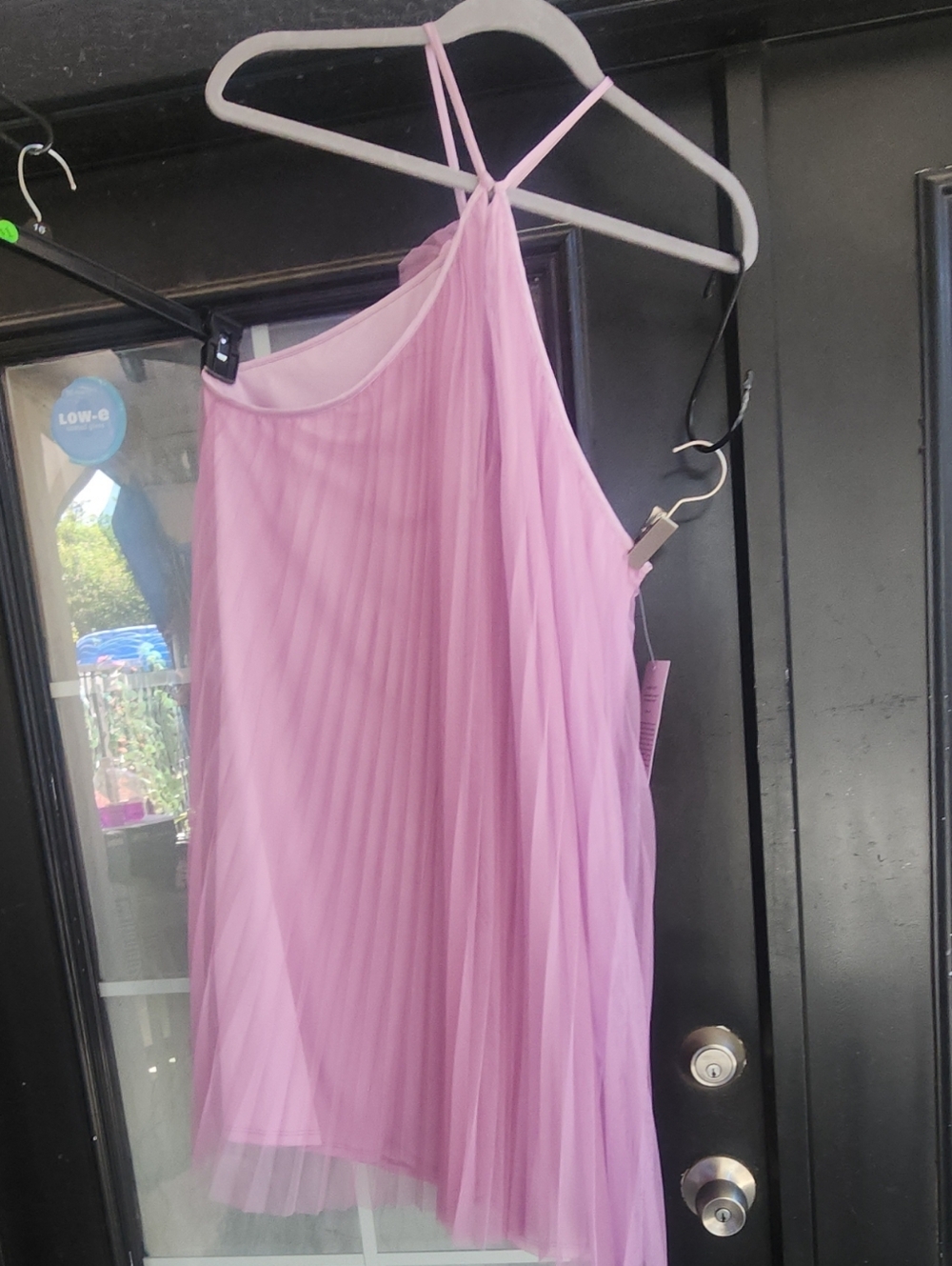 Pleated Halter Mini Dress with Floral Neck Accent - Lavender - Picture 9 of 9